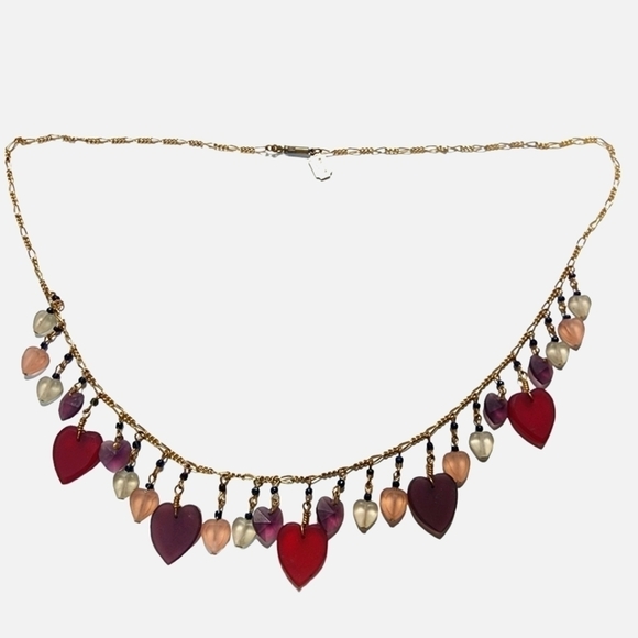 Vintage Pididdly Links Goldtone Czech frosted glass heart charm necklace 24" - Picture 5 of 11